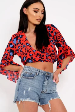 Rebellious Fashion Red Leopard Print Ruched Crop Top - Damira