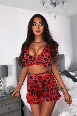 Rebellious Fashion Red Leopard Print Ruffle Crop Top And Shorts Co-Ord - Liylah