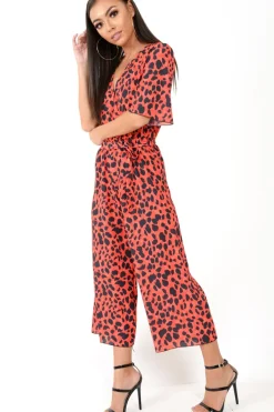 Rebellious Fashion Red Leopard Print Wrap Culotte Jumpsuit -Juni