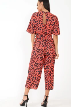 Rebellious Fashion Red Leopard Print Wrap Culotte Jumpsuit -Juni