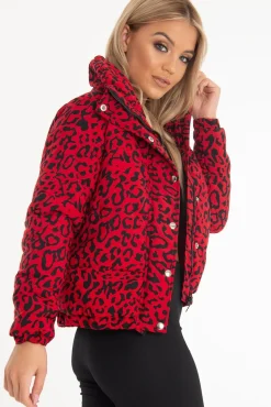 Rebellious Fashion Red Leopard Print Zip Front Puffer Coat - Lidya
