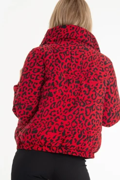 Rebellious Fashion Red Leopard Print Zip Front Puffer Coat - Lidya