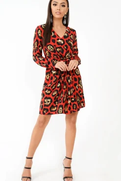 Rebellious Fashion Red Leopard Wrap Belted Dress - Keniah