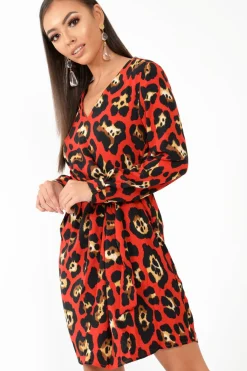 Rebellious Fashion Red Leopard Wrap Belted Dress - Keniah