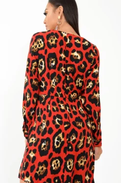 Rebellious Fashion Red Leopard Wrap Belted Dress - Keniah