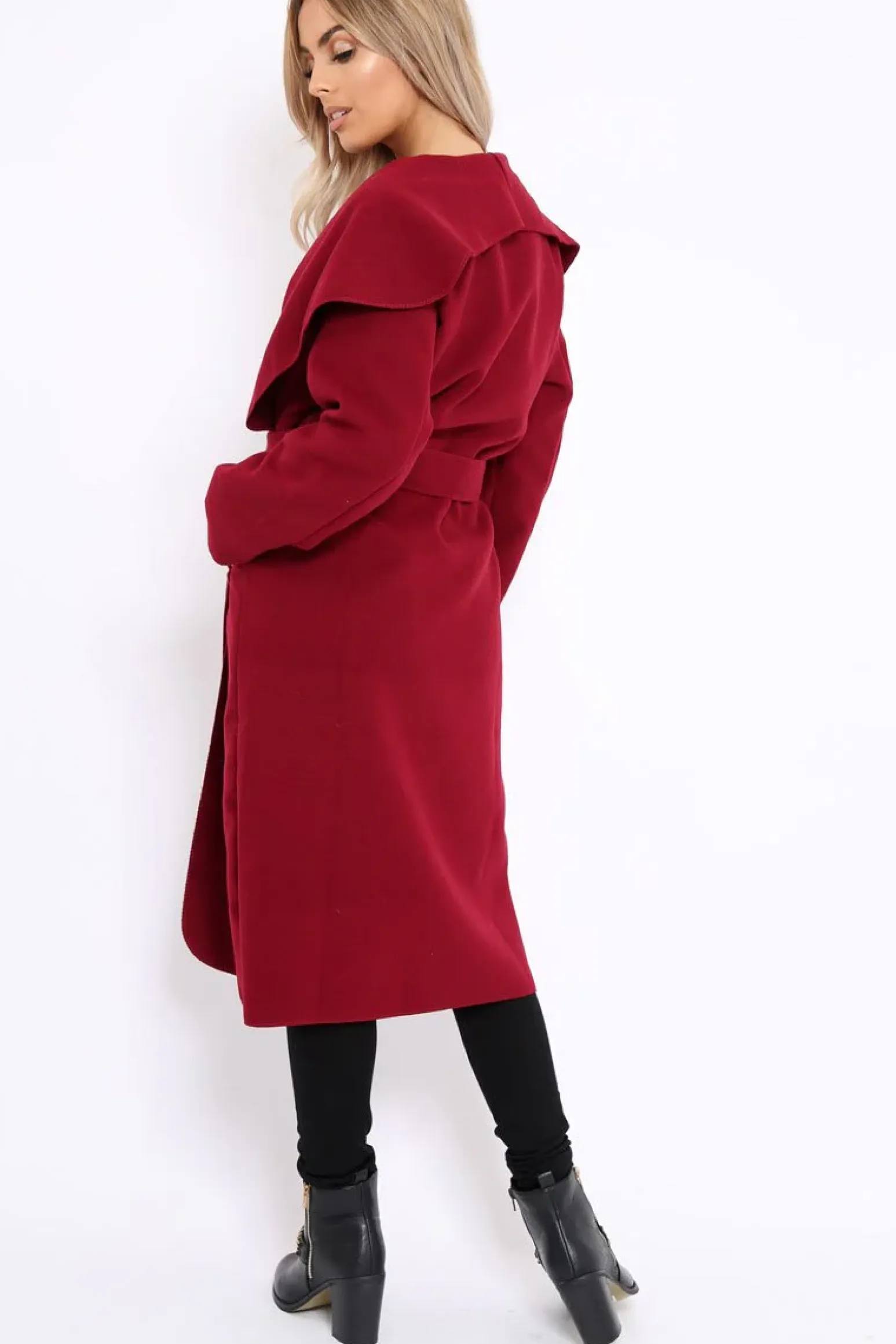 Rebellious Fashion Red Long Length Waterfall Belted Coat - Cindy