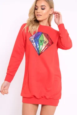 Rebellious Fashion Red Loved Sequin Diamond Jumper Dress - Mary