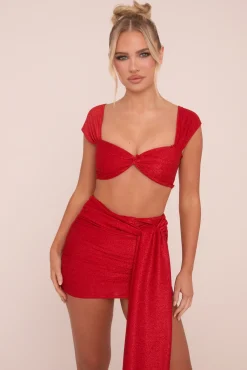 Rebellious Fashion Red Lurex Crop Top & Tie Detail Mini Skirt Co-ord Set - Veronica
