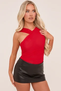 Rebellious Fashion Red Mesh Asymmetric Strap Bodysuit - Blessing