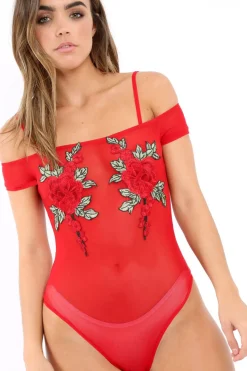 Rebellious Fashion Red Mesh Flower Applique Bodysuit - Sabella