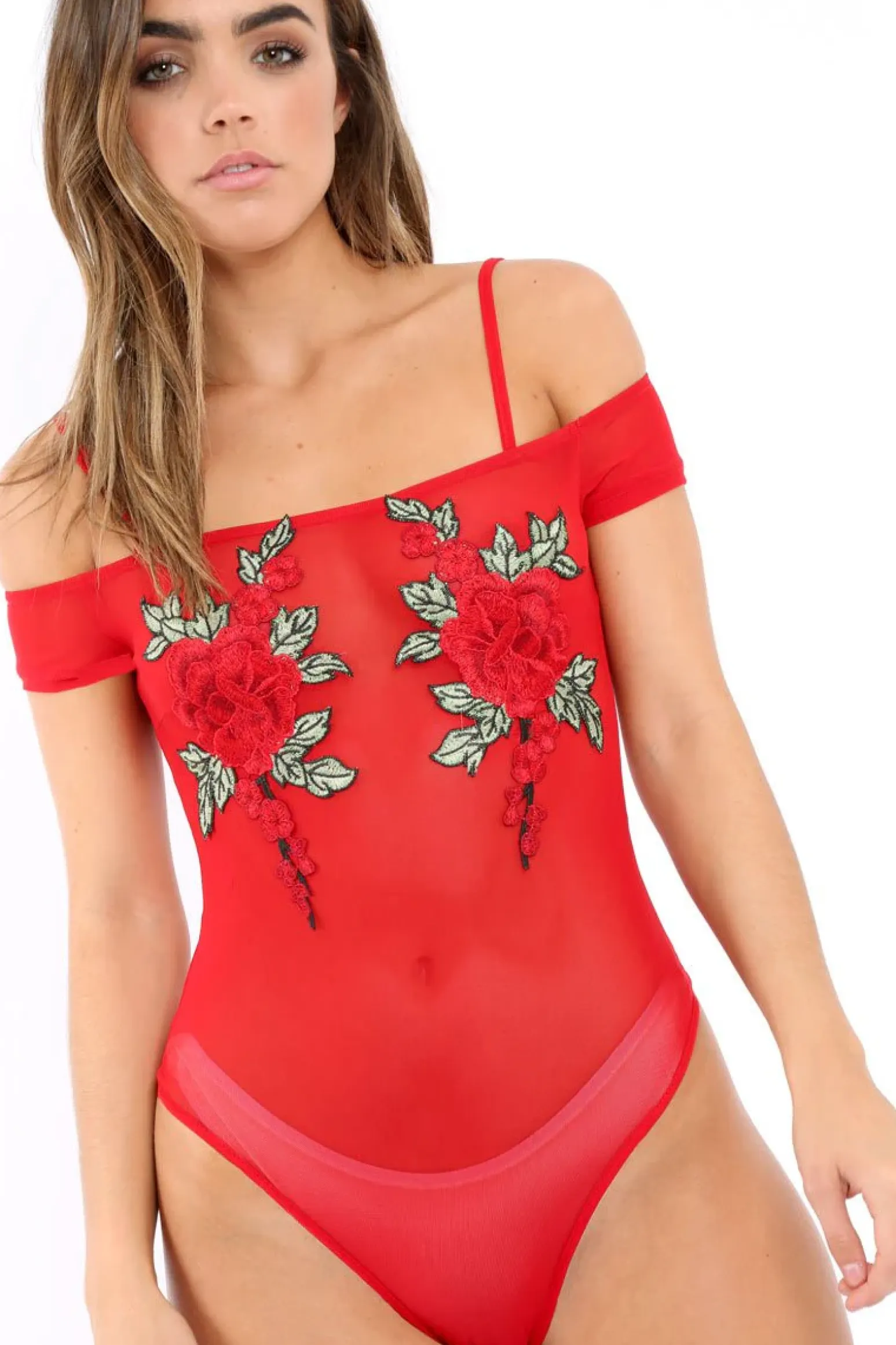 Rebellious Fashion Red Mesh Flower Applique Bodysuit - Sabella