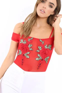 Rebellious Fashion Red Mesh Flower Applique Bodysuit - Sabella