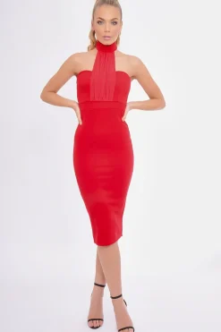 Rebellious Fashion Red Mesh Panel Midi Dress - Layla