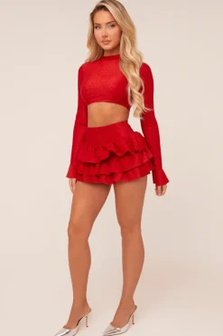 Rebellious Fashion Red Metallic Lurex High Neck Cropped Top & Mini Skirt Co-ord Set - Felipa