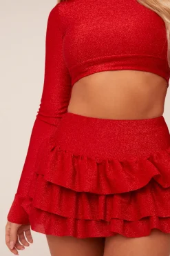 Rebellious Fashion Red Metallic Lurex High Neck Cropped Top & Mini Skirt Co-ord Set - Felipa