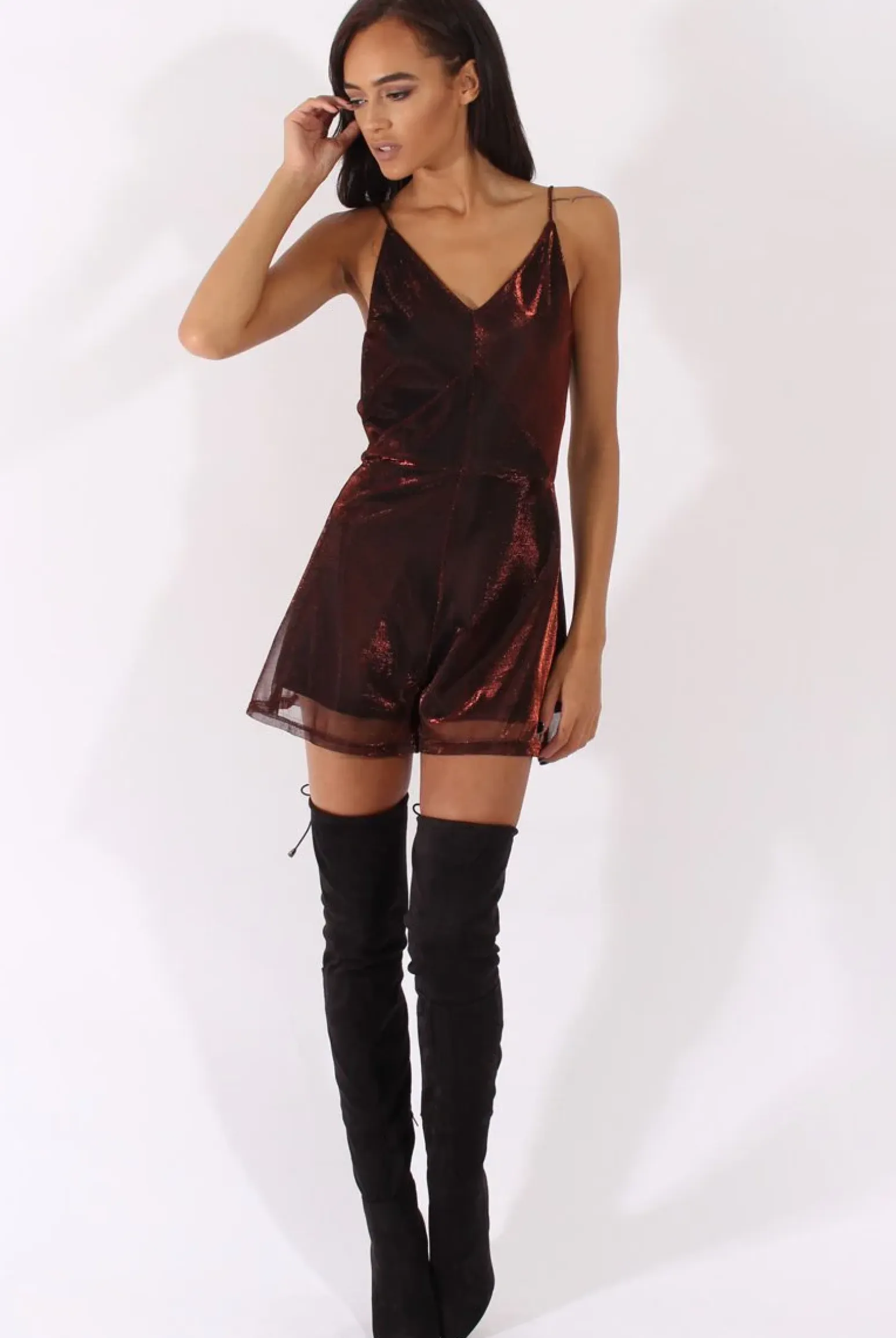 Rebellious Fashion Red Metallic Strappy V Neck Playsuit - Patricia