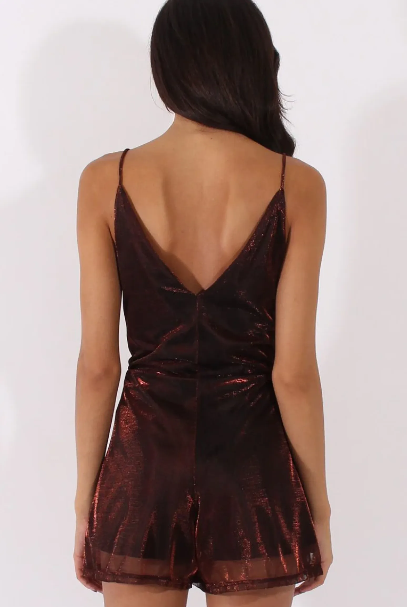 Rebellious Fashion Red Metallic Strappy V Neck Playsuit - Patricia