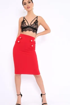 Rebellious Fashion Red Midi Bodycon Skirt with Button Detailing - Yasmina