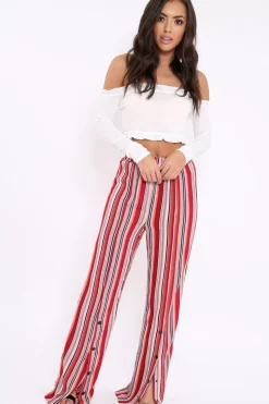 Rebellious Fashion Red Multi Stripe Side Popper Wide Leg Trousers - Leah
