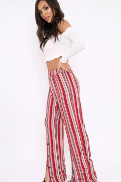 Rebellious Fashion Red Multi Stripe Side Popper Wide Leg Trousers - Leah
