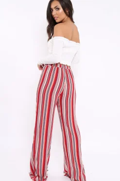 Rebellious Fashion Red Multi Stripe Side Popper Wide Leg Trousers - Leah