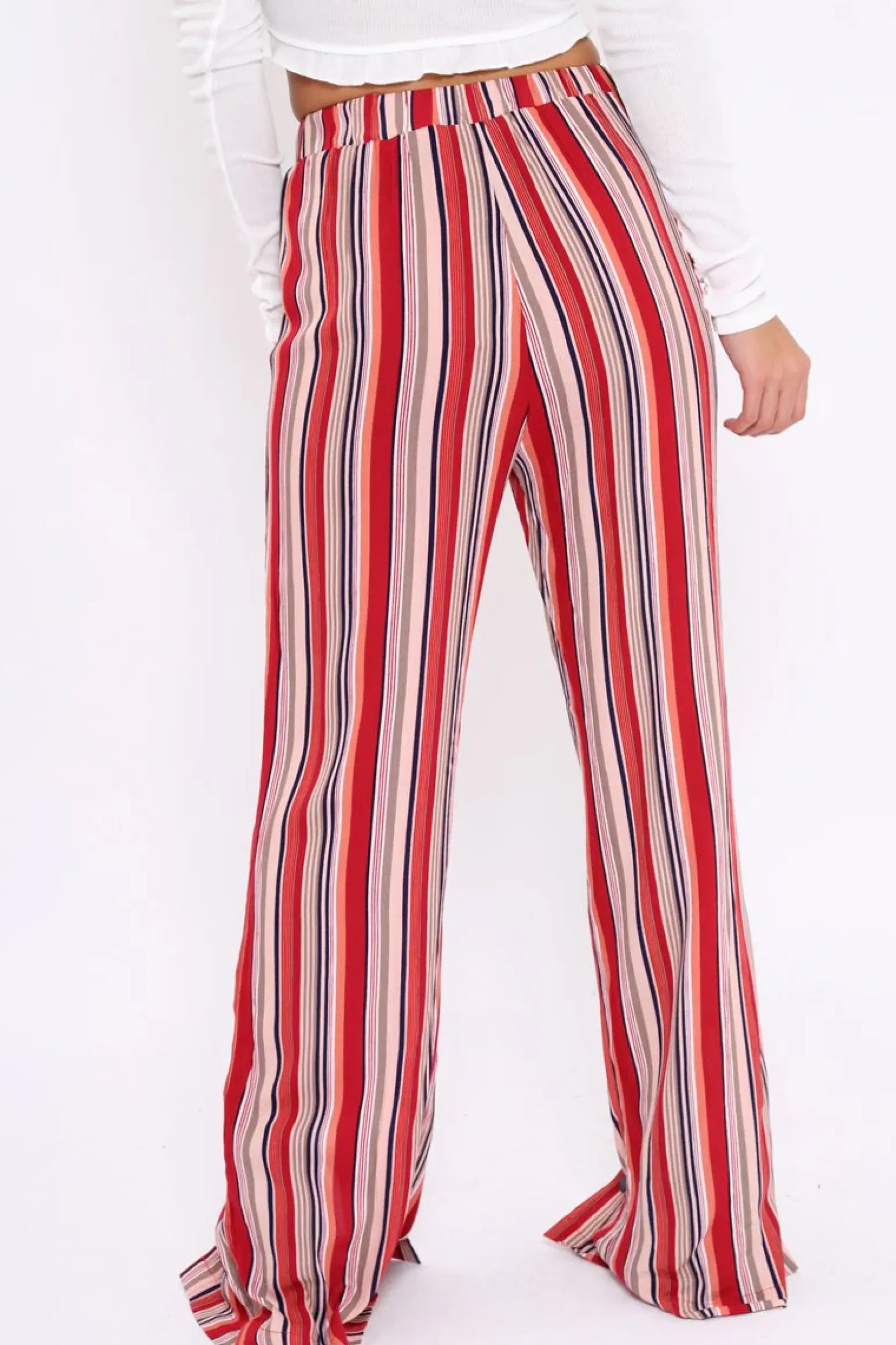 Rebellious Fashion Red Multi Stripe Side Popper Wide Leg Trousers - Leah
