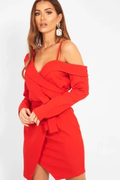Rebellious Fashion Red Off The Shoulder Blazer Dress - Halia