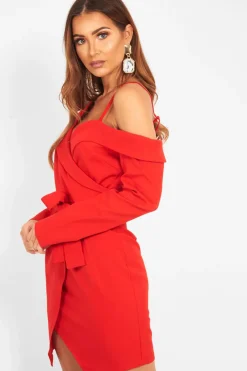 Rebellious Fashion Red Off The Shoulder Blazer Dress - Halia