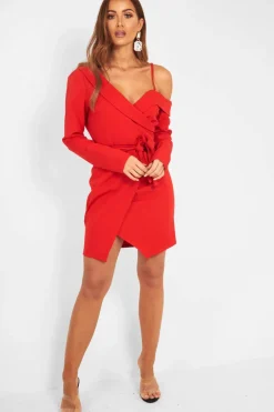 Rebellious Fashion Red Off The Shoulder Blazer Dress - Halia