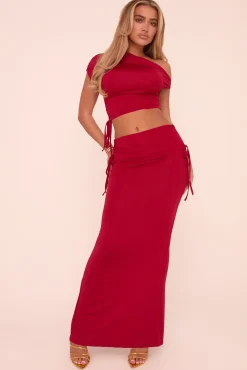Rebellious Fashion Red One Shoulder Cropped Top & Ruched Maxi Skirt Co-ord Set - Joanne