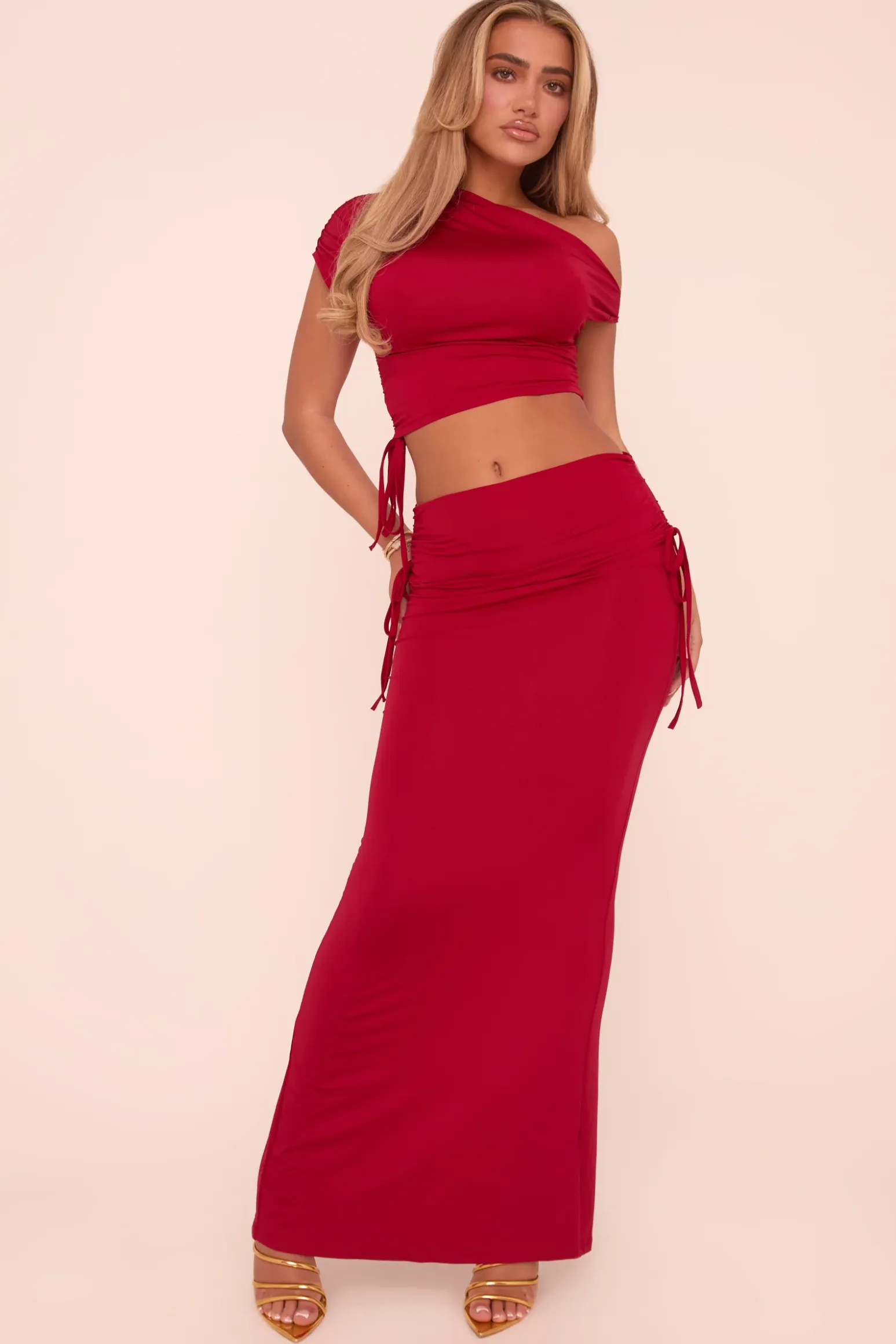 Rebellious Fashion Red One Shoulder Cropped Top & Ruched Maxi Skirt Co-ord Set - Joanne