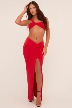 Rebellious Fashion Red One Shoulder Crop Top & Twist Detail Maxi Skirt Co-ord Set - Kacie