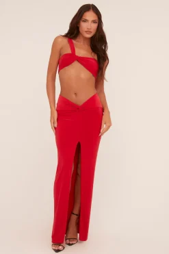 Rebellious Fashion Red One Shoulder Crop Top & Twist Detail Maxi Skirt Co-ord Set - Kacie