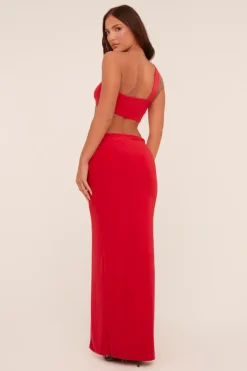 Rebellious Fashion Red One Shoulder Crop Top & Twist Detail Maxi Skirt Co-ord Set - Kacie