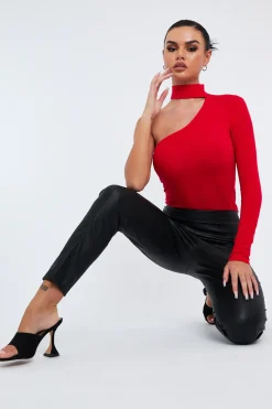 Rebellious Fashion Red One Sleeve High Neck Bodysuit - Qin