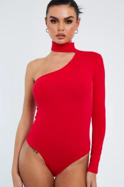 Rebellious Fashion Red One Sleeve High Neck Bodysuit - Qin