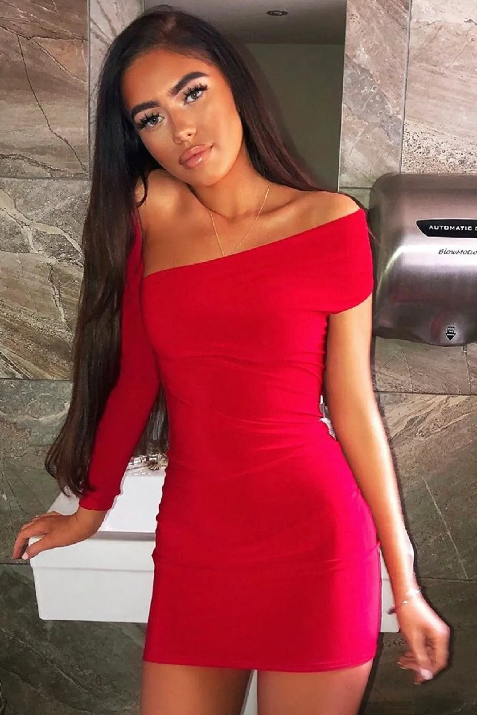 Rebellious Fashion Red One Sleeve Slit Detail Slinky Mini Bodycon Dress - Bronwyn