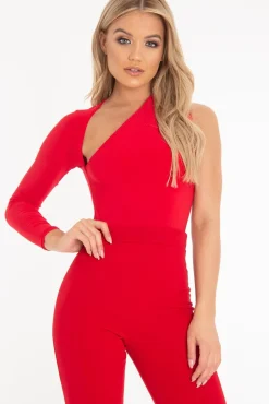 Rebellious Fashion Red One Sleeve Slit Detail Slinky Bodysuit - Kassi