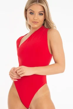 Rebellious Fashion Red One Sleeve Slit Detail Slinky Bodysuit - Kassi