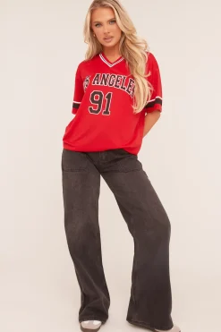 Rebellious Fashion Red Oversized Varsity Football T-shirt - Austin