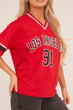 Rebellious Fashion Red Oversized Varsity Football T-shirt - Austin