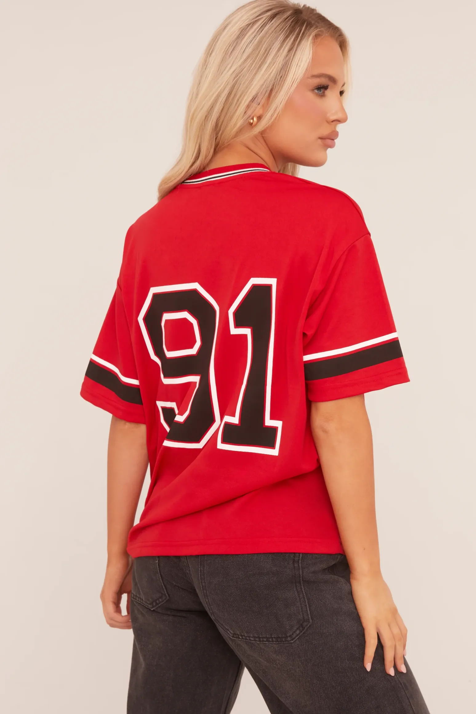 Rebellious Fashion Red Oversized Varsity Football T-shirt - Austin