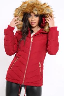 Rebellious Fashion Red Padded Coat With Faux Fur Trim Hood - Jocelyn