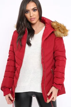 Rebellious Fashion Red Padded Coat With Faux Fur Trim Hood - Jocelyn