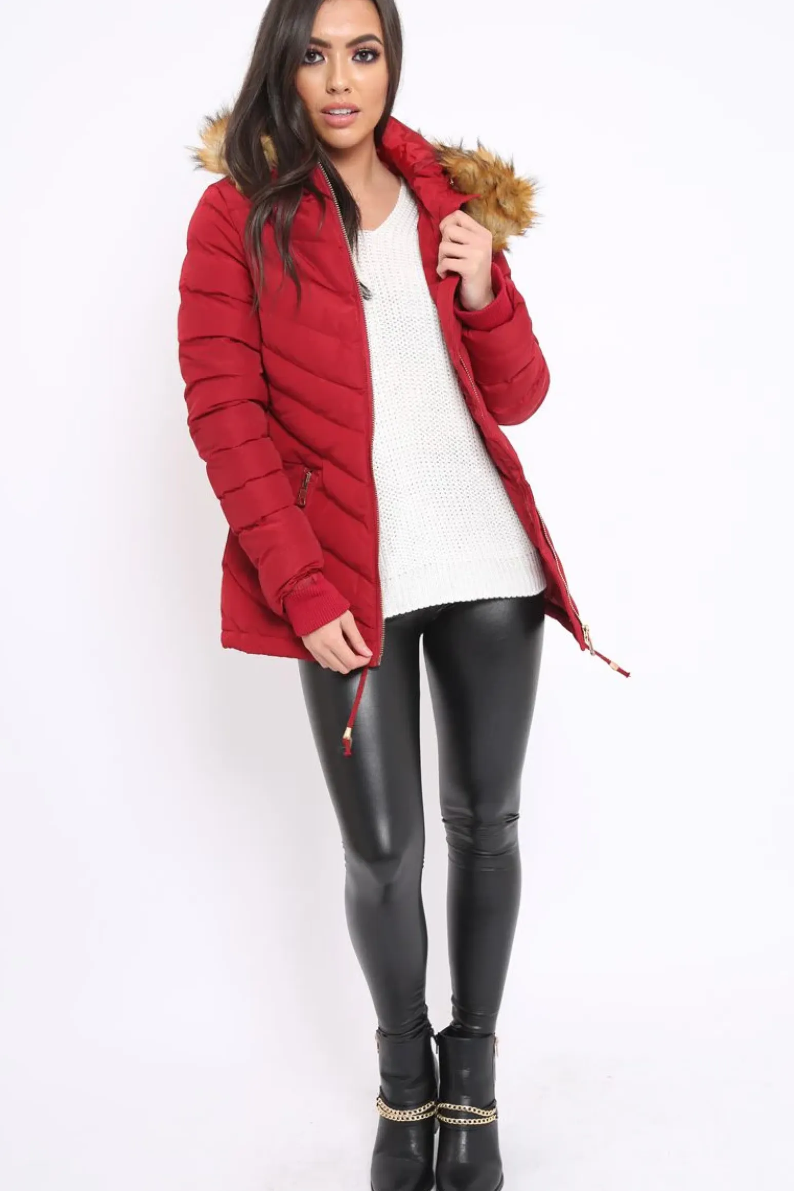 Rebellious Fashion Red Padded Coat With Faux Fur Trim Hood - Jocelyn