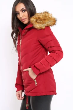 Rebellious Fashion Red Padded Coat With Faux Fur Trim Hood - Jocelyn