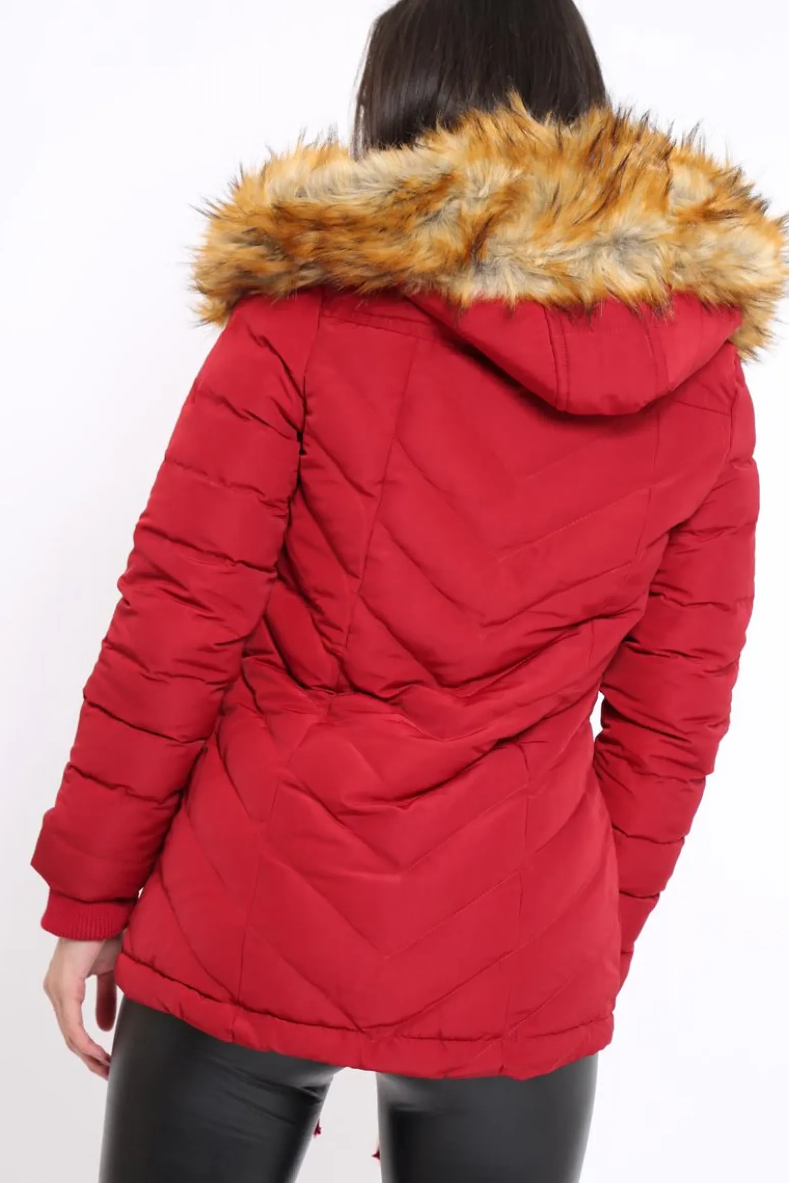 Rebellious Fashion Red Padded Coat With Faux Fur Trim Hood - Jocelyn