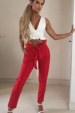 Rebellious Fashion Red Paper Bag Tie Waist Cigarette Trousers - Karmen