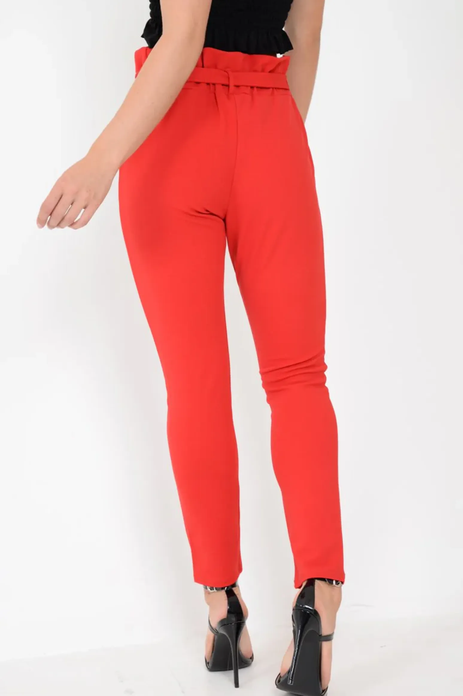Rebellious Fashion Red Paper Bag Tie Waist Cigarette Trousers - Karmen