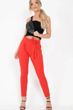 Rebellious Fashion Red Paper Bag Tie Waist Cigarette Trousers - Karmen